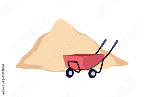 Vector illustration with a pile of sand and a cart on an isolated background.