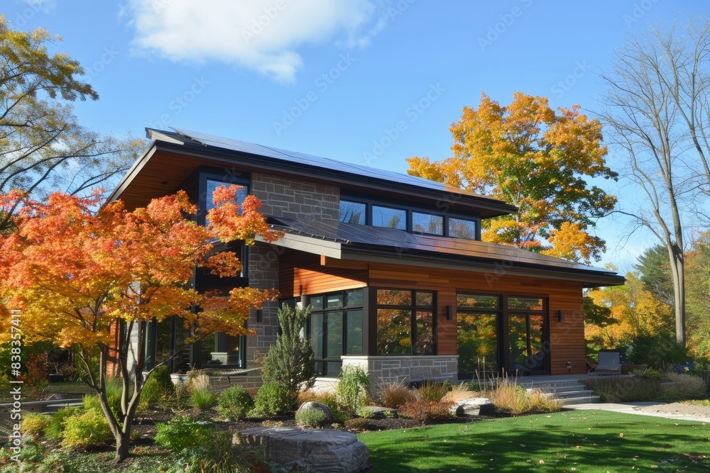 A modern house with solar panels on the roof, green grass in front of it and trees around. The sun is shining brightly, casting warm light over everything. warm light over e A modern house with solar panels on the roof, green grass in front of it and trees around. The sun is shining brightly, casting warm light over everything. warm light over e