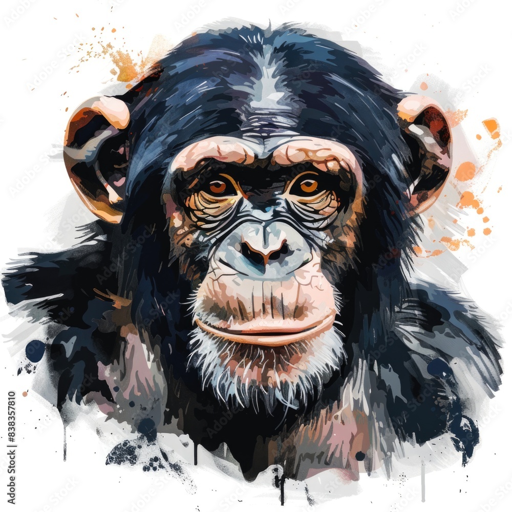 The chimpanzee is painted with a brushstroke on a white background The chimpanzee is painted with a brushstroke on a white background