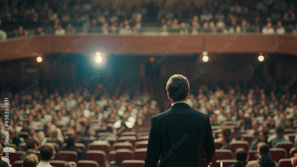 A man in business attire stands confidently in front of a crowd, giving a presentation, A smartly dressed executive giving a presentation to a large audience A man in business attire stands confidently in front of a crowd, giving a presentation, A smartly dressed executive giving a presentation to a large audience