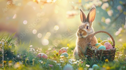 A cuddly Easter bunny with a basket of colorful eggs celebrates the spring holiday  Easter day concept background