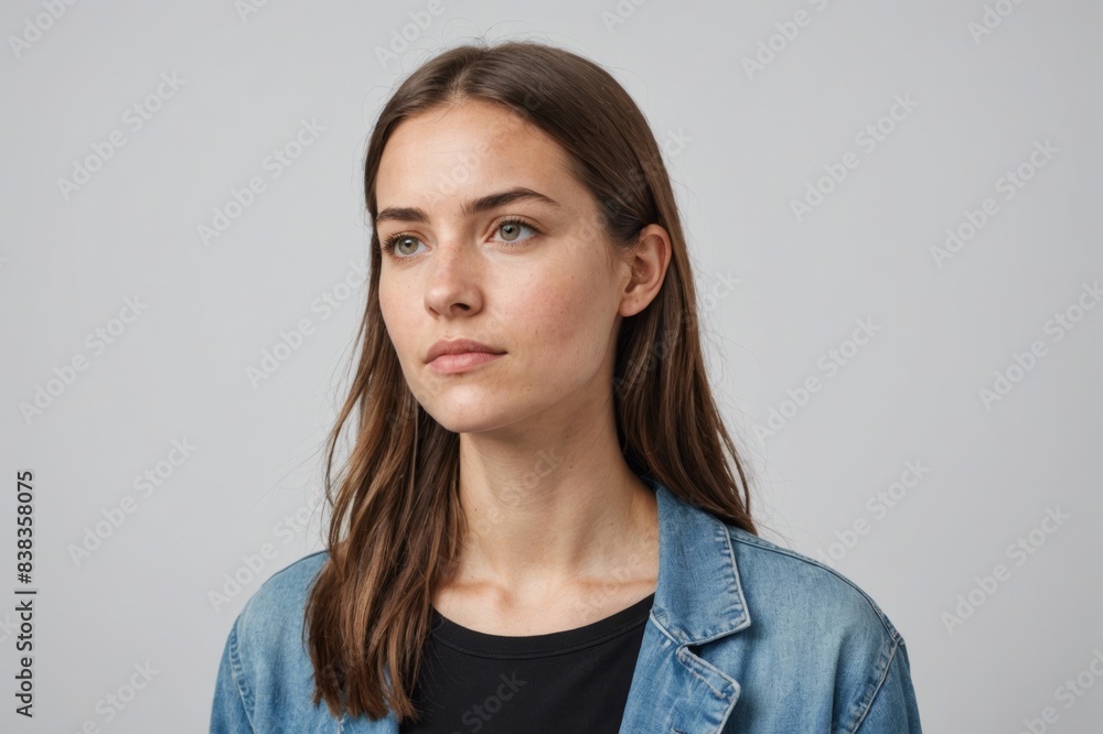 Young woman looking away while standing against white background Young woman looking away while standing against white background