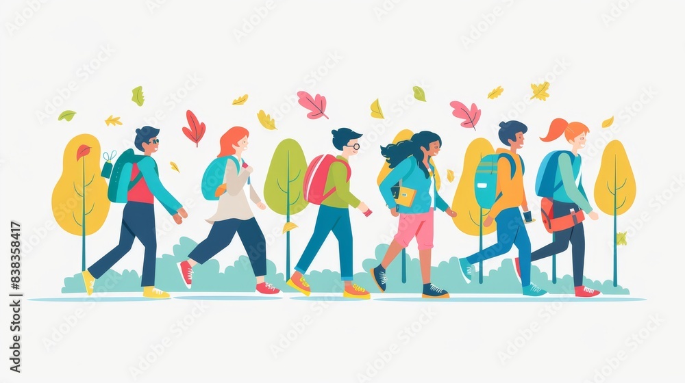 Fototapeta premium A group of young students with backpacks walk towards their school, in a flat illustration. Back to school, learning.