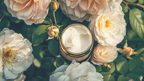 Face cream moisturizer jar on floral background. Cosmetic branding, toiletries and skincare concept