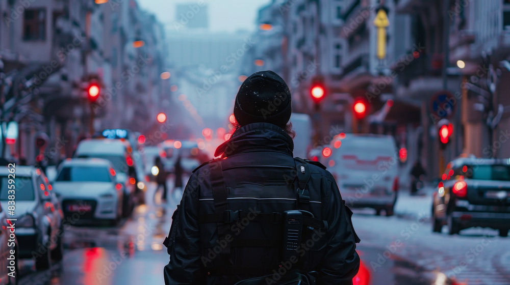 A man police officer patrolling city streets A man police officer patrolling city streets