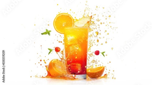 Bottle of infused water with orange slices on white background Lemon tea splash isolated on white background Orange splash from a glass orange fall in juice glass  