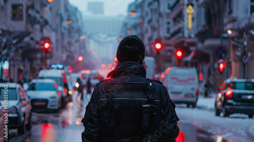 A man police officer patrolling city streets 