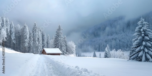 A cozy wooden cabin sits nestled in a snow-covered forest, with tall, snow-laden pine trees surrounding it. Generative AI