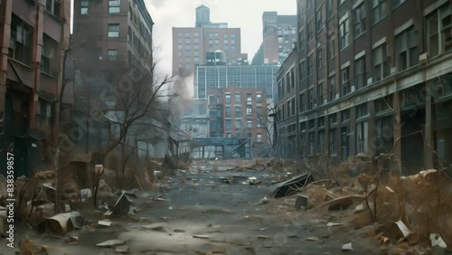 A run-down city street filled with buildings in the background, showing signs of neglect and abandonment, A somber, colorless cityscape filled with empty, abandoned buildings