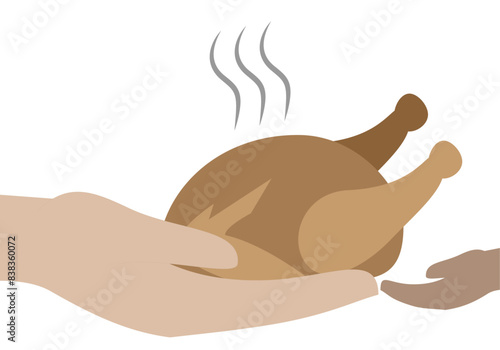 Mano dando un pavo asado a otra persona con necesidad