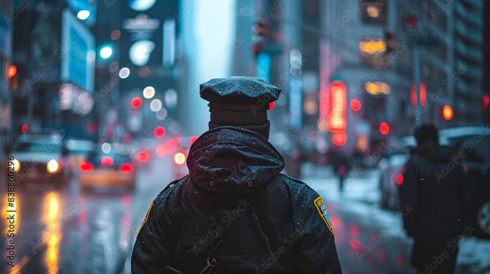 A man police officer patrolling city streets A man police officer patrolling city streets