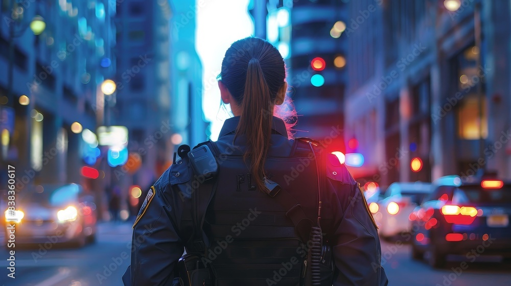 A female police officer patrolling city streets A female police officer patrolling city streets