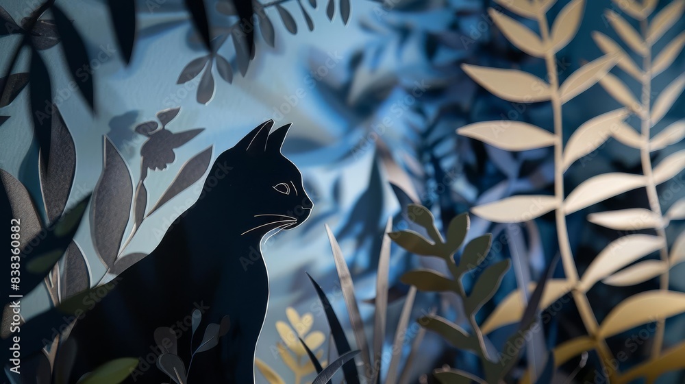 Paper cutout of a cat, pet theme, home background Paper cutout of a cat, pet theme, home background