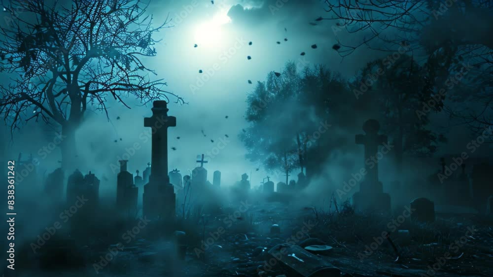 Full moon illuminates a eerie cemetery with tombstones, trees, and ...