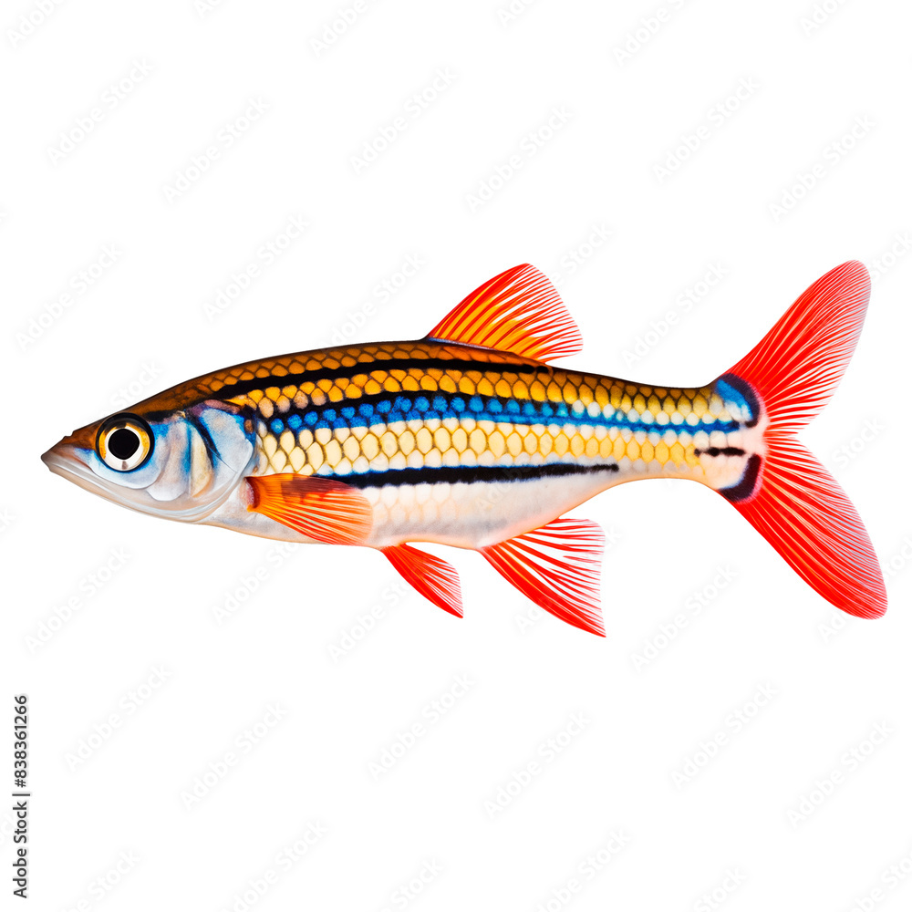 Danio fish isolated on white or transparent background. Close-up of colorful fish, side view. A graphic design element to be inserted into a project. Danio fish isolated on white or transparent background. Close-up of colorful fish, side view. A graphic design element to be inserted into a project.