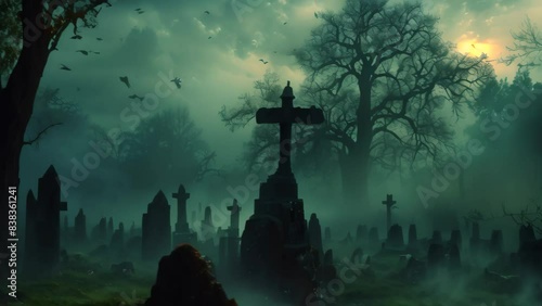 Graveyard with central cross, surrounded by headstones, under a dark sky with bats flying overhead, A spooky graveyard at midnight, with bats flying overhead and mist swirling around photo