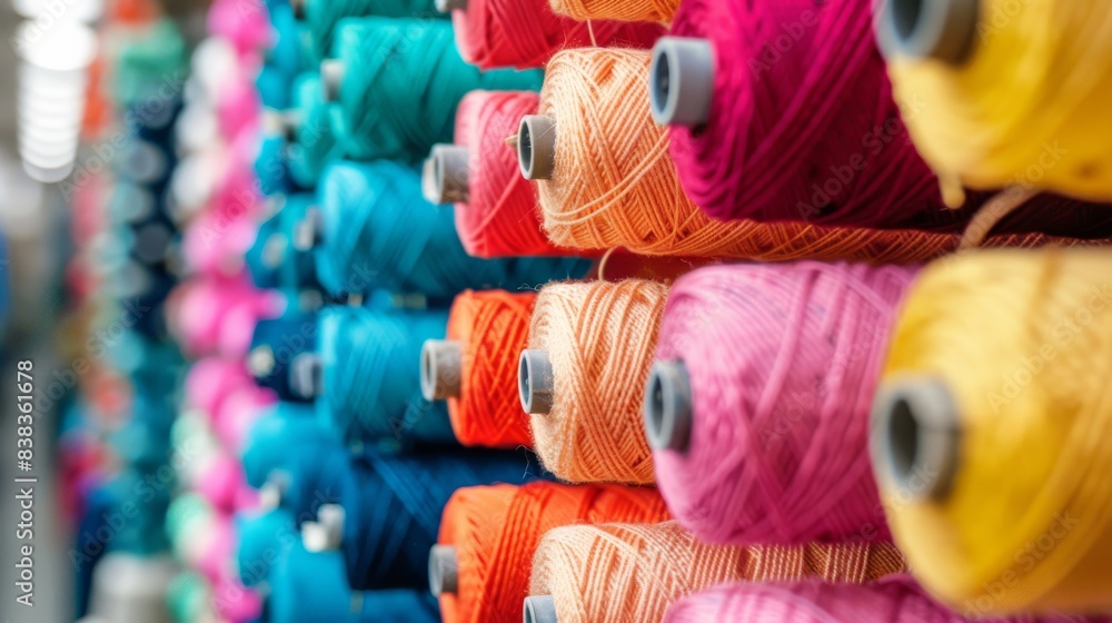 A row of colorful spools of thread are hanging from a machine