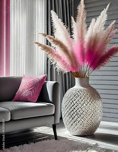 A cozy corner with a white honeycomb-patterned vase filled with pink pampas grass, positioned next to a gray sofa and neutral vertical blinds.