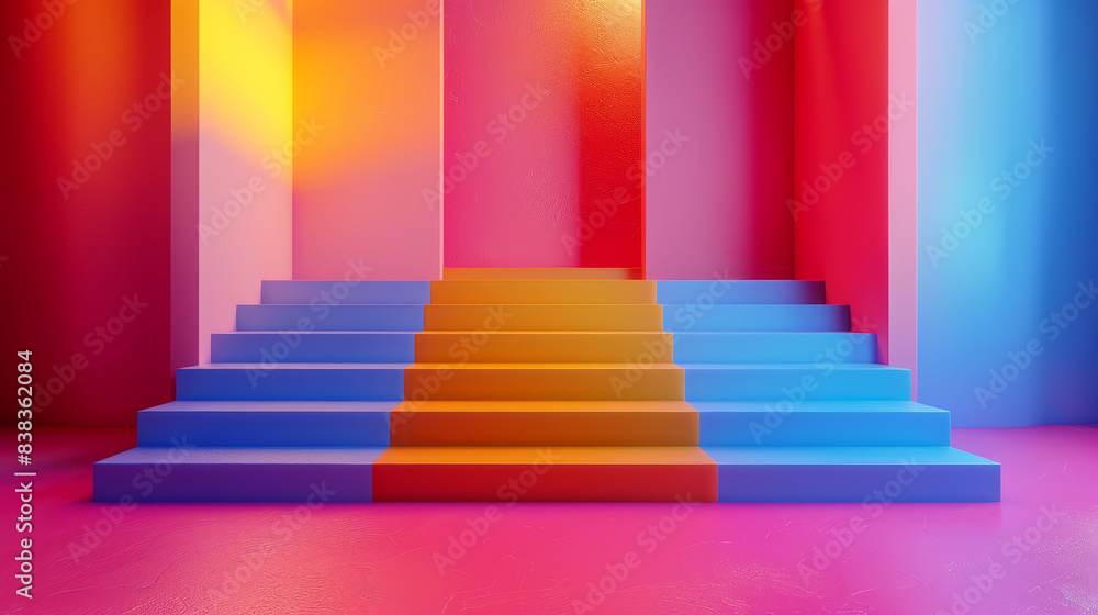 A colorful staircase with a pink, yellow, and blue color scheme A colorful staircase with a pink, yellow, and blue color scheme