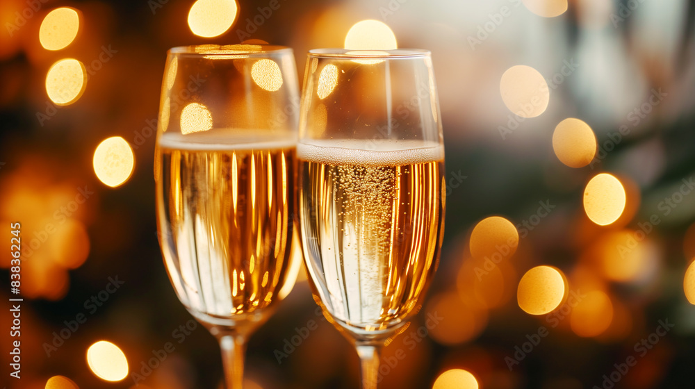 Two glasses of champagne on a dark background with golden bokeh Two glasses of champagne on a dark background with golden bokeh