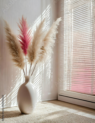 modern living room.A chic decorative arrangement featuring a white vase with pink pampas grass, set in a minimalist room with beige carpeting and vertical blinds