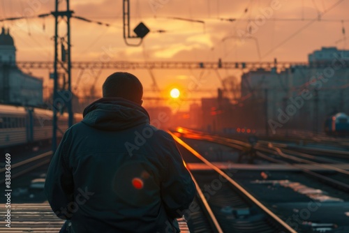 The man is waiting for the train. On the Sunset