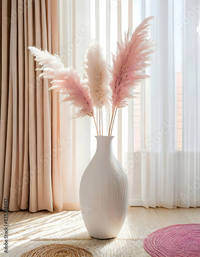 A chic decorative arrangement featuring a white vase with pink pampas grass, set in a minimalist room with beige carpeting and vertical blinds