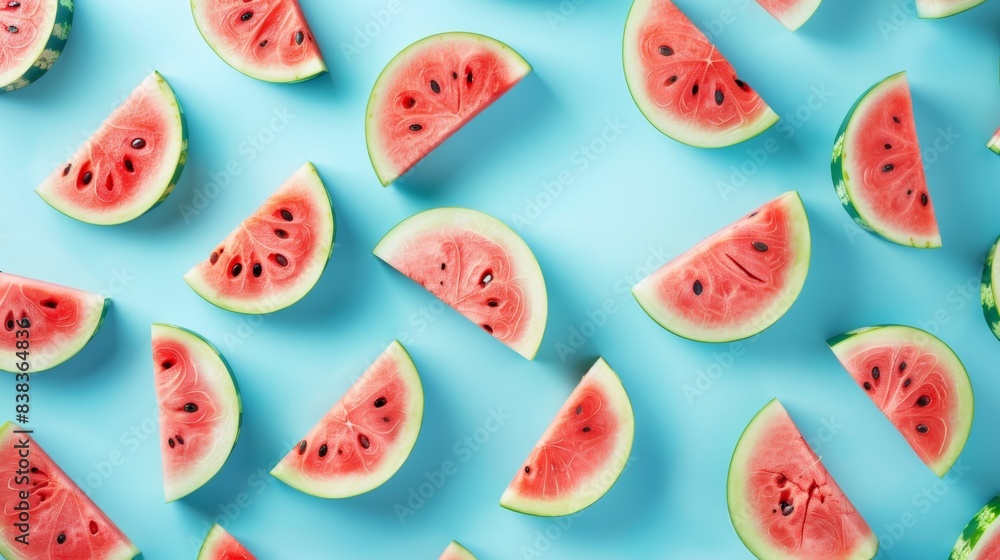 Flat lay with watermelon pieces on blue background, summer, summer food, summertime, sweet food Flat lay with watermelon pieces on blue background, summer, summer food, summertime, sweet food