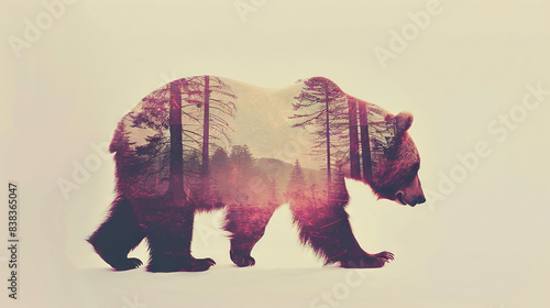   A bear strolls through snowy woods with towering trees and a majestic mountain in the distance