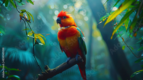 colored beautiful bird sitting on the tree in the jungle, colored wild bird, colored wild bird sitting on the branch of tree in jungle