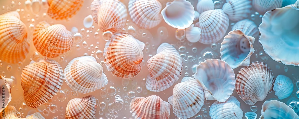 Close-up of seashells submerged in water, creating a soft, ethereal image. Close-up of seashells submerged in water, creating a soft, ethereal image.