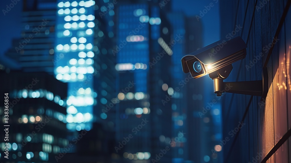 At night, a contemporary security camera on a city skyscraper, Generative AI. At night, a contemporary security camera on a city skyscraper, Generative AI.
