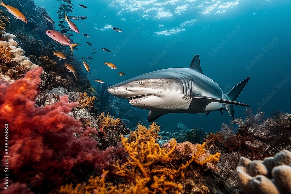 Fototapeta premium AI generated illustration of a grey shark swimming above coral reefs