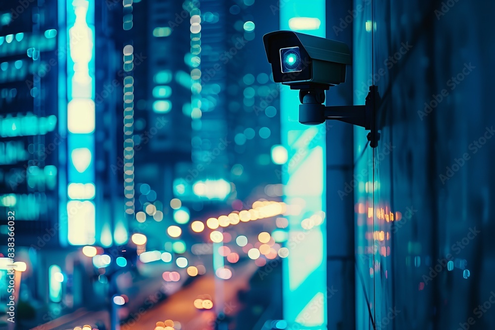 At night, a contemporary security camera on a city skyscraper, Generative AI. At night, a contemporary security camera on a city skyscraper, Generative AI.