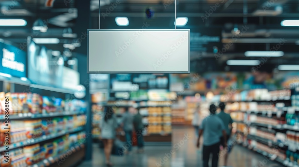 Obraz premium A large empty white sign hangs in the middle of a grocery store aisle. Blank billboard.
