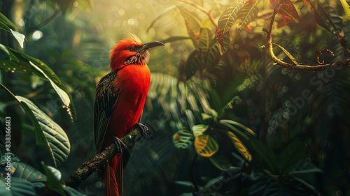 colored beautiful bird sitting on the tree in the jungle, colored wild bird, colored wild bird sitting on the branch of tree in jungle