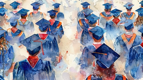 A watercolor painting of a diverse group of people wearing blue graduation caps and gowns. The figures are walking in a line, their heads slightly bowed, and their faces obscured.