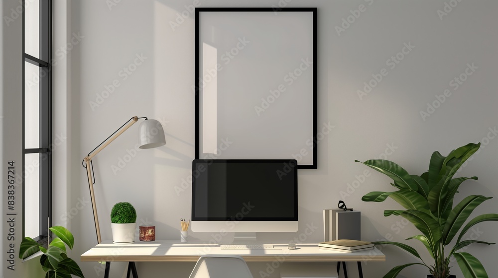 Poster mockup canvas. A modern home office setup featuring a computer, desk, blank frame on the wall, and various plants, creating a minimalistic and serene workspace. Poster mockup canvas. A modern home office setup featuring a computer, desk, blank frame on the wall, and various plants, creating a minimalistic and serene workspace.