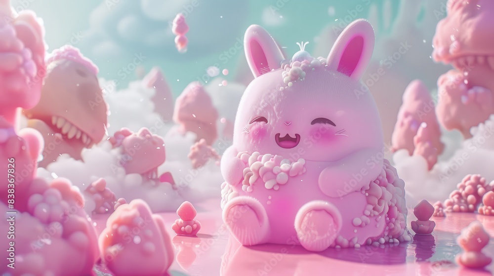cute pink cartoon in dreamland, 3d rendering, cute pink cartoon in dreamland, 3d rendering,