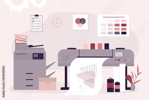 Print house machine. Digital laser printer and inkjet plotter. Printing technology, device printing large size paper. Paperwork, workflow. Art studio, copy center.
