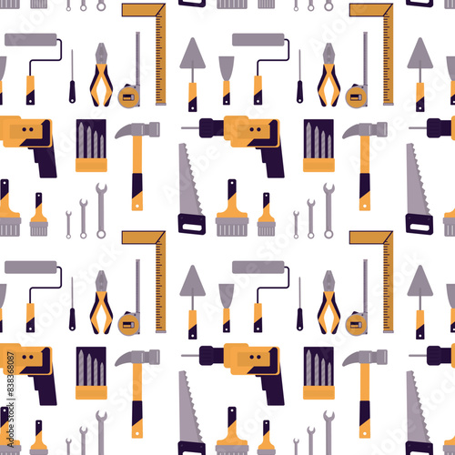Seamless builder tools pattern. Construction tools, icons texture pattern. Repair instruments, wallpaper template. Cartoon building equipment background in flat style.