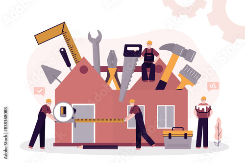 Repairman at work. Opened toolbox like how house with instruments inside. Workman's toolkit. Team of workers uses various hand tools
