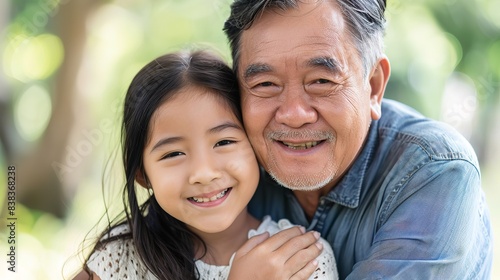 Beautiful Asian daughter seated with her older father and hugging him in a portrait, Generative AI.