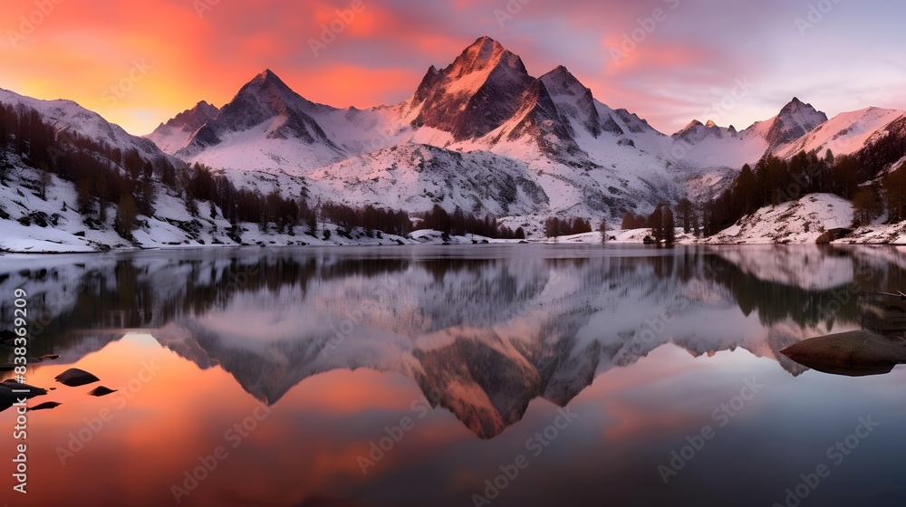 Panoramic view of the mountain lake at sunset. Beautiful winter landscape.