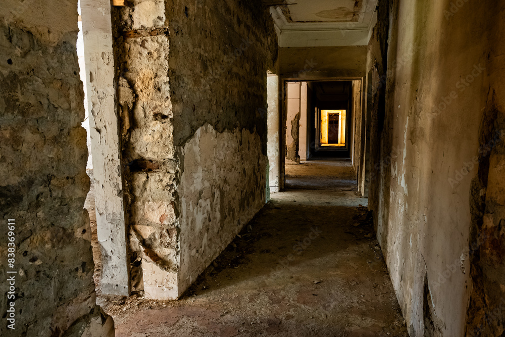 Georgia Tskaltubo abandoned soviet luxury sanatory building dark corridor Georgia Tskaltubo abandoned soviet luxury sanatory building dark corridor