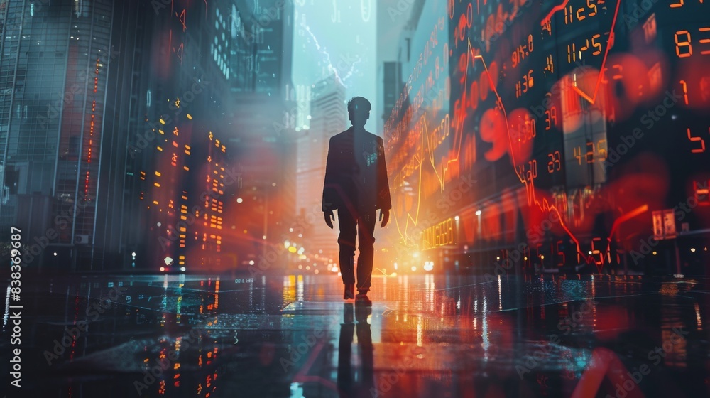Double exposure of a businessman walking confidently in a city, with an overlay of stock market data and towering skyscrapers, representing success and financial ambition Double exposure of a businessman walking confidently in a city, with an overlay of stock market data and towering skyscrapers, representing success and financial ambition