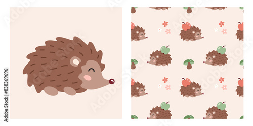 Cute cartoon hedgehog print and seamless pattern with flowers, apple, mushroom for textile, fabric, wrapping paper, nursery.