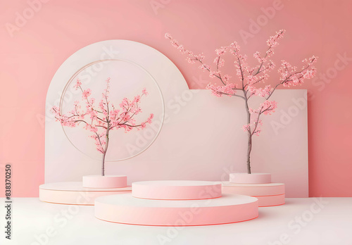 Background pink podium product platform 3D display stage stand luxury. pink background podium abstract studio leaf pedestal scene minimal plant design cosmetic light presentation wall modern tree.