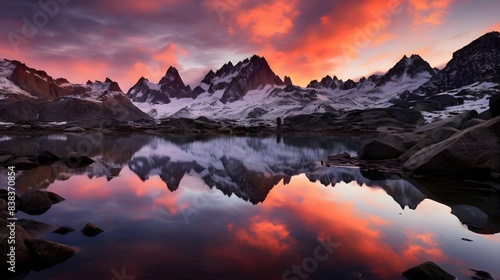 Panoramic view of a mountain lake at sunset with reflection in water