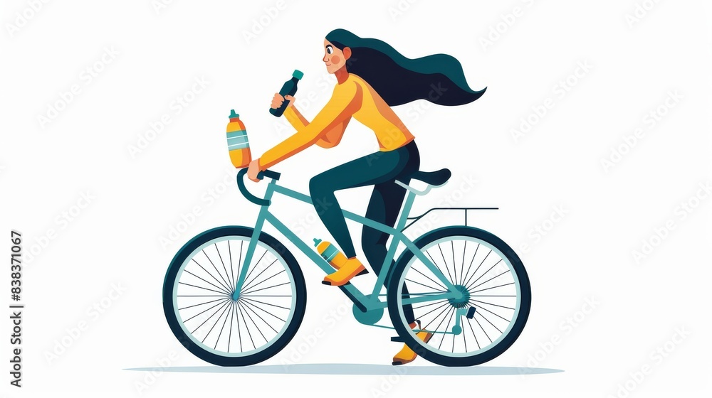 Obraz premium illustration of an female cyclist riding a mountain bike. The vector graphic has colorful design elements on a white background with colorful splashes.